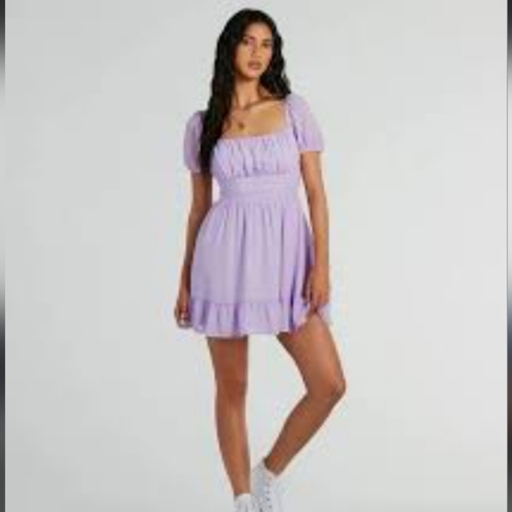 Trixxie Ditsy Ruffled Tiered Puff Sleeve Babydoll Coquette Girl Lavender Dress M